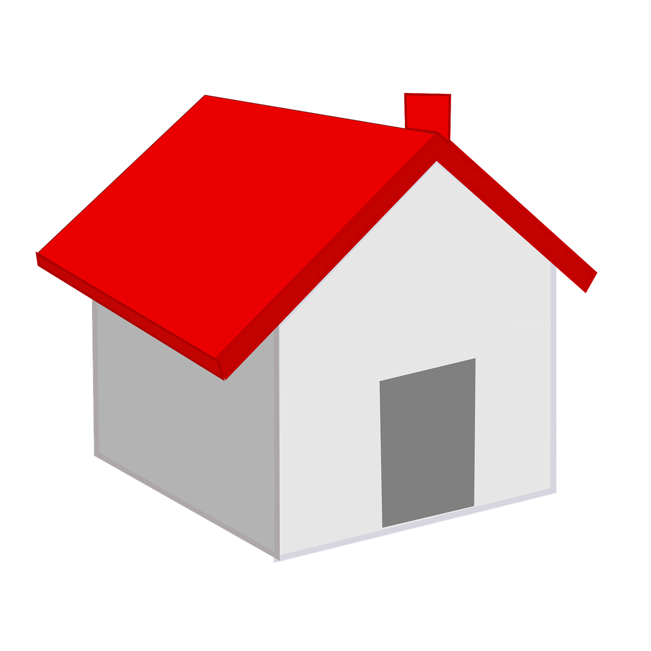 3D-mallinnettu talo, jossa on punainen harjakatto ja valkoiset seinät, edessä suorakulmainen ovi, taustana läpinäkyvä ruutukuvio