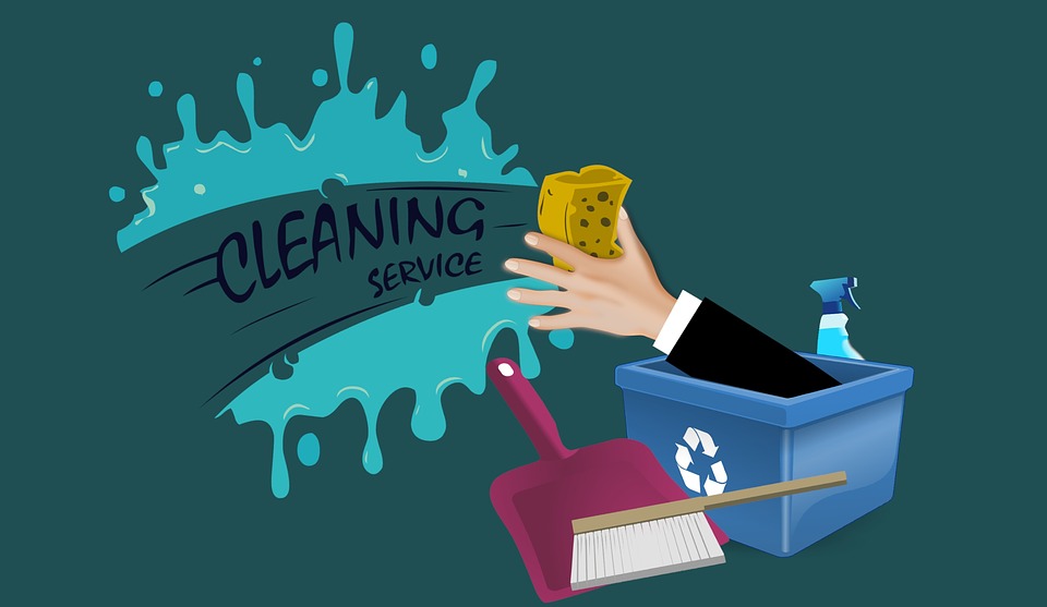 Piirretty kuva jossa käsi tulee kierrätyssankosta sieni kädessä ja pesee seinää jossa lukee "cleaning service"
